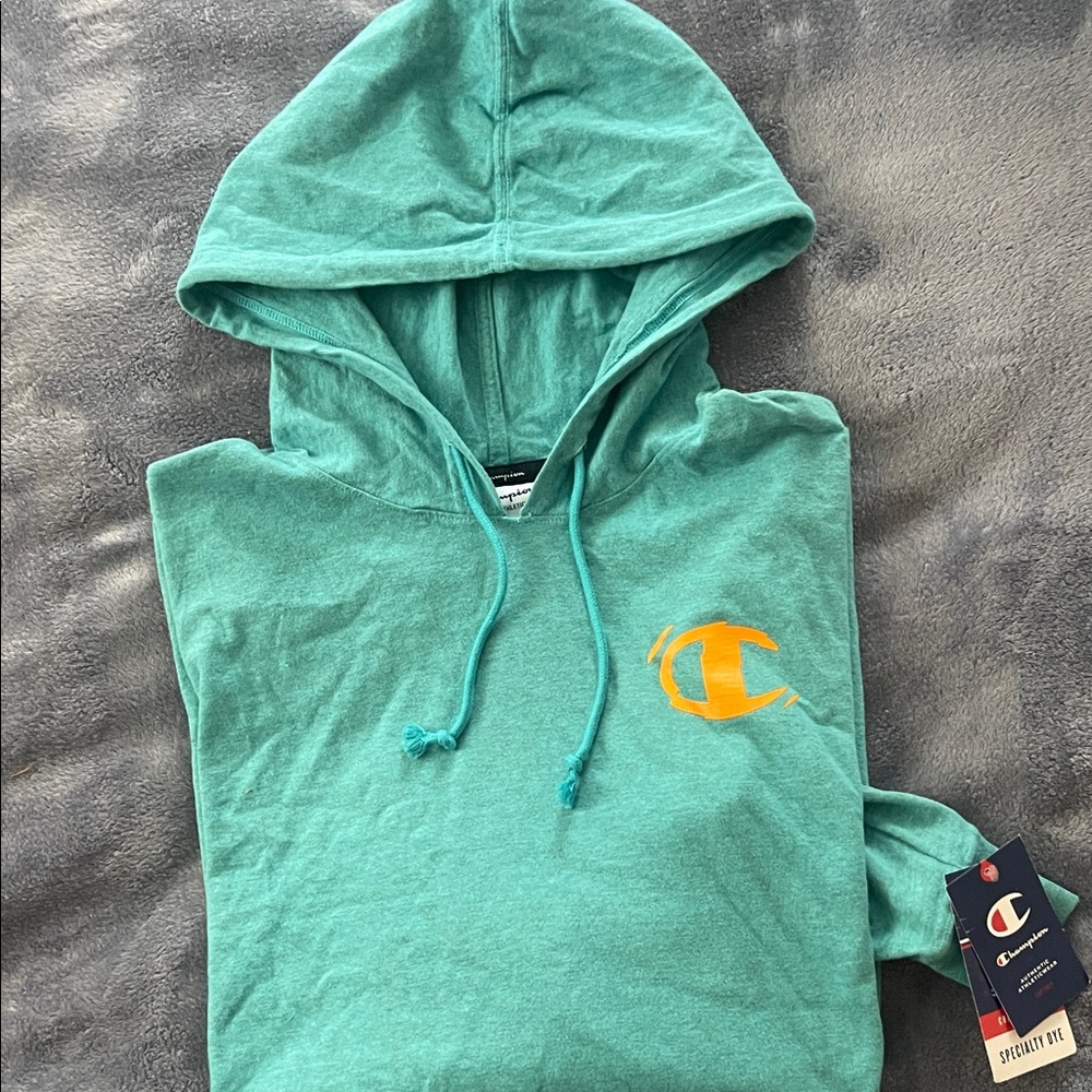 Champion Aqua Hoodie with Vibrant Orange Logo